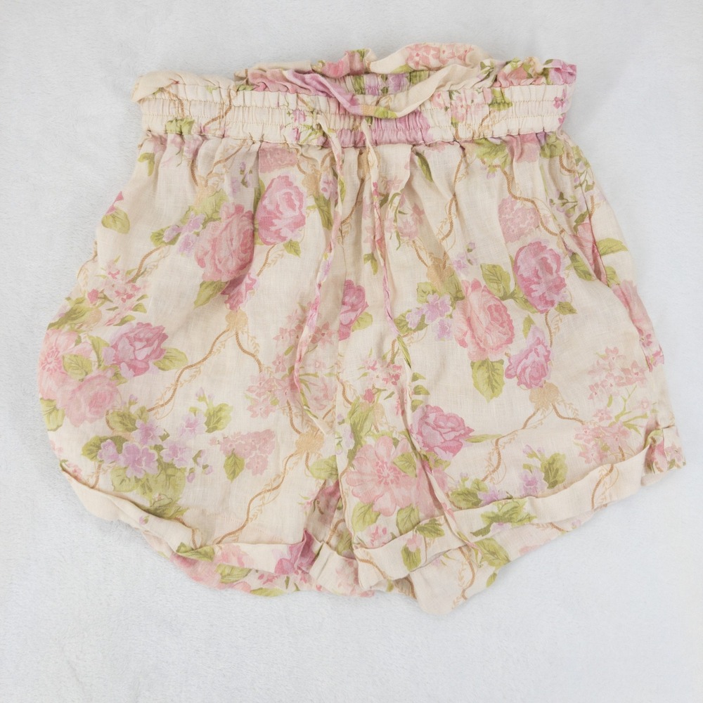 Spell & The Gypsy Rose Garden Linen Shorts Womens XS Cream Pink Floral Pockets